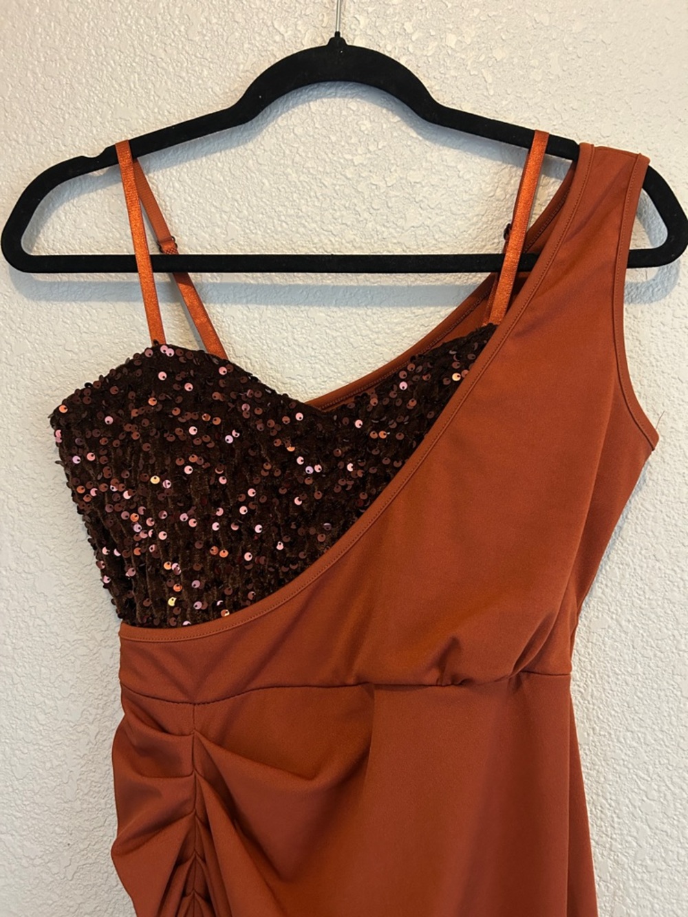 Rust One-Shoulder Sequin Bodice Draped Evening Dress size S worn once - Picture 2 of 7